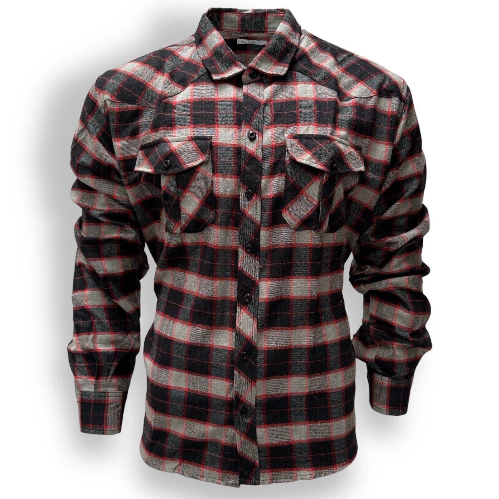 Mens Flannel Cotton Shirt Heavy Plaid RED/GREY Check Long Sleeve Casual Work....