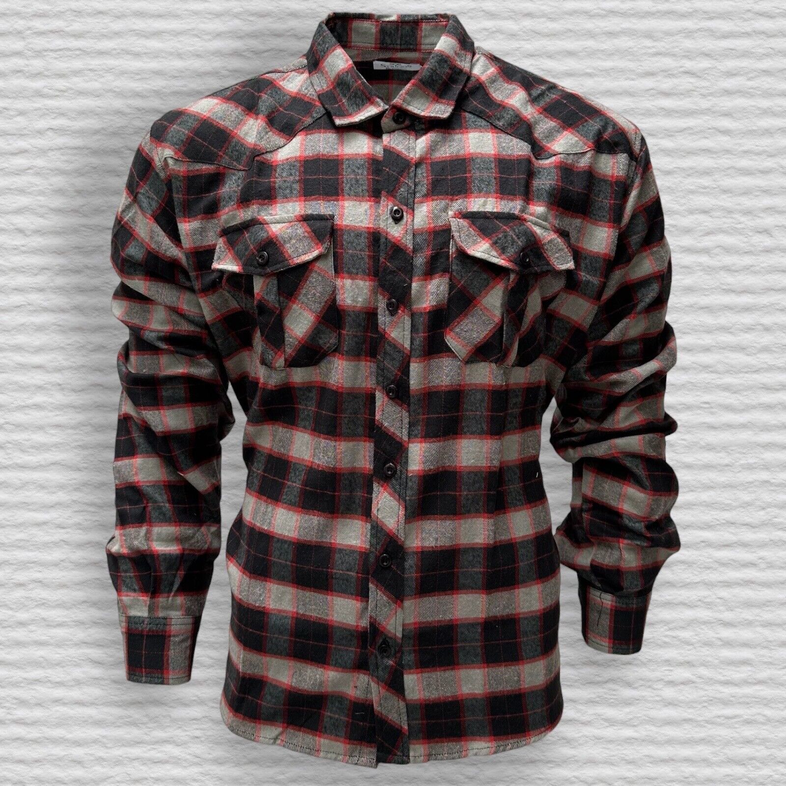 Mens Flannel Cotton Shirt Heavy Plaid RED/GREY Check Long Sleeve Casual Work.... - Image 2