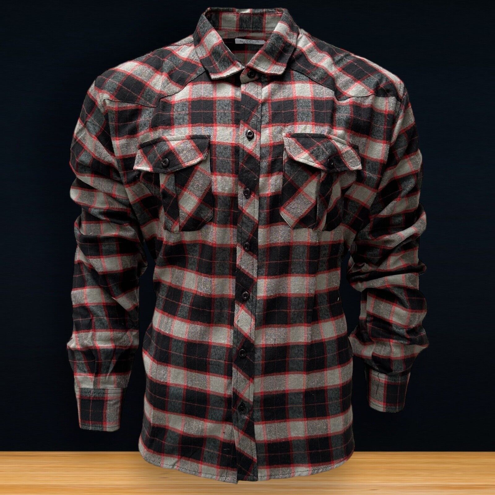 Mens Flannel Cotton Shirt Heavy Plaid RED/GREY Check Long Sleeve Casual Work.... - Image 3