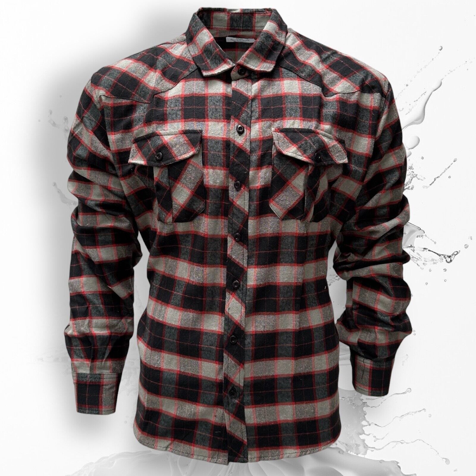 Mens Flannel Cotton Shirt Heavy Plaid RED/GREY Check Long Sleeve Casual Work.... - Image 5