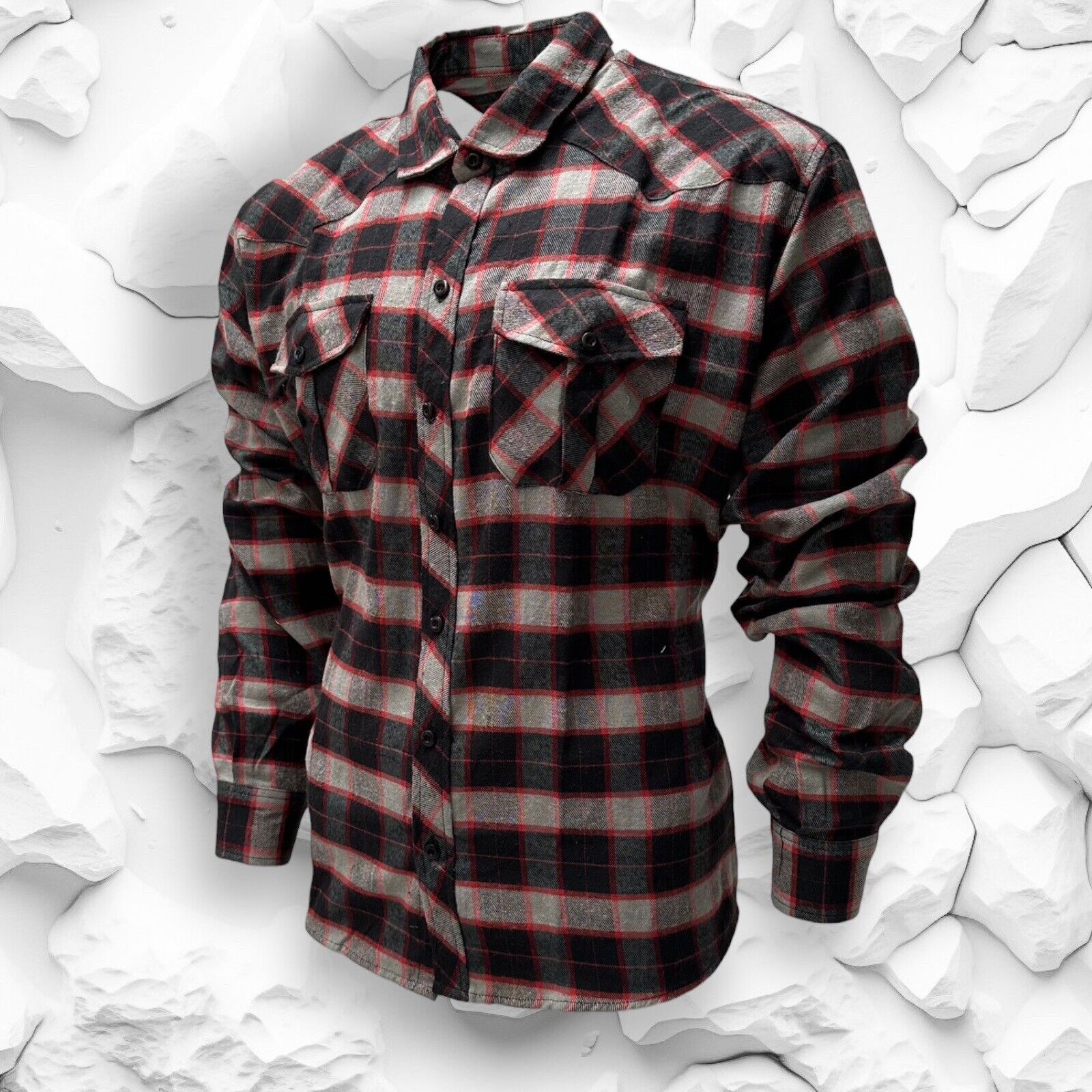 Mens Flannel Cotton Shirt Heavy Plaid RED/GREY Check Long Sleeve Casual Work.... - Image 7
