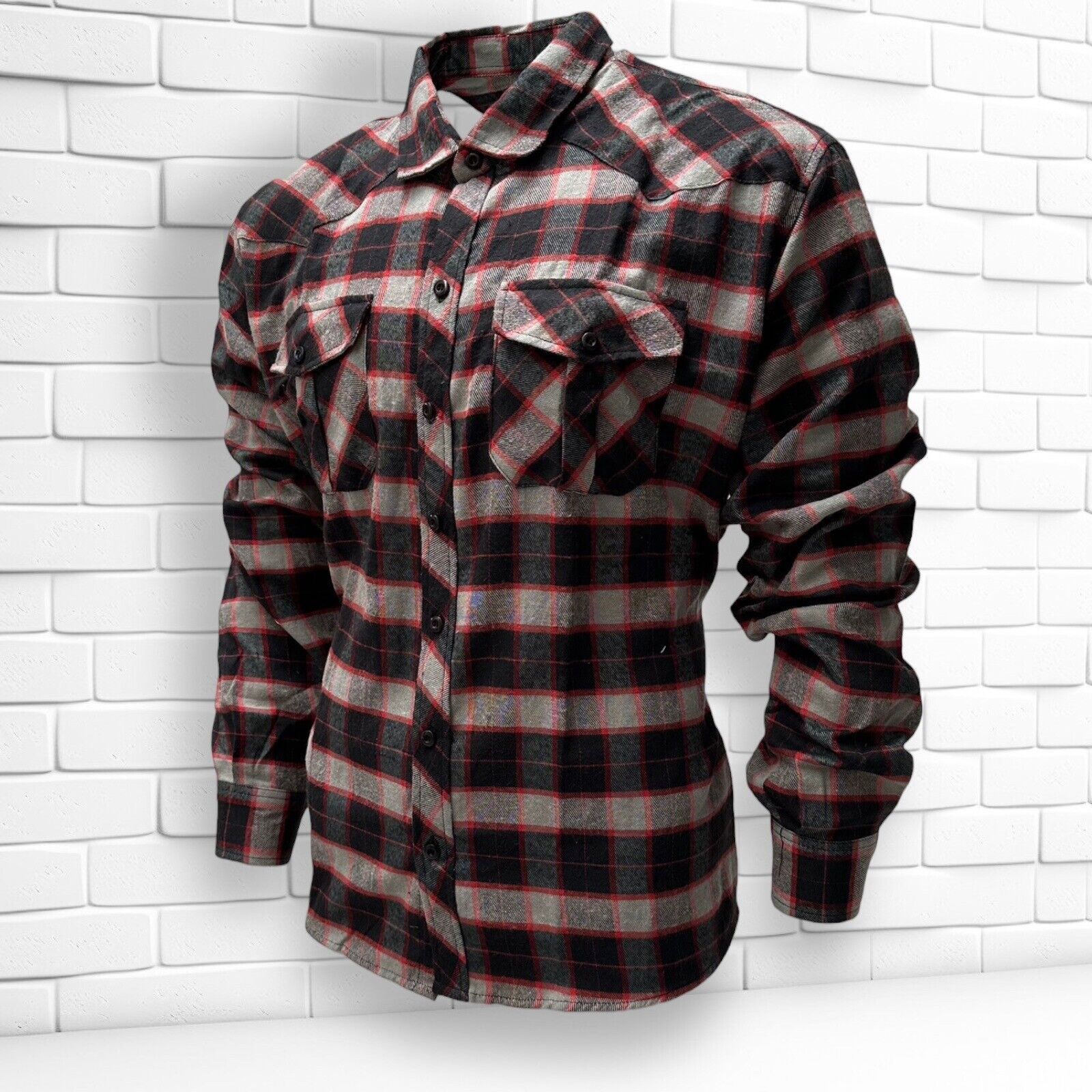 Mens Flannel Cotton Shirt Heavy Plaid RED/GREY Check Long Sleeve Casual Work.... - Image 8
