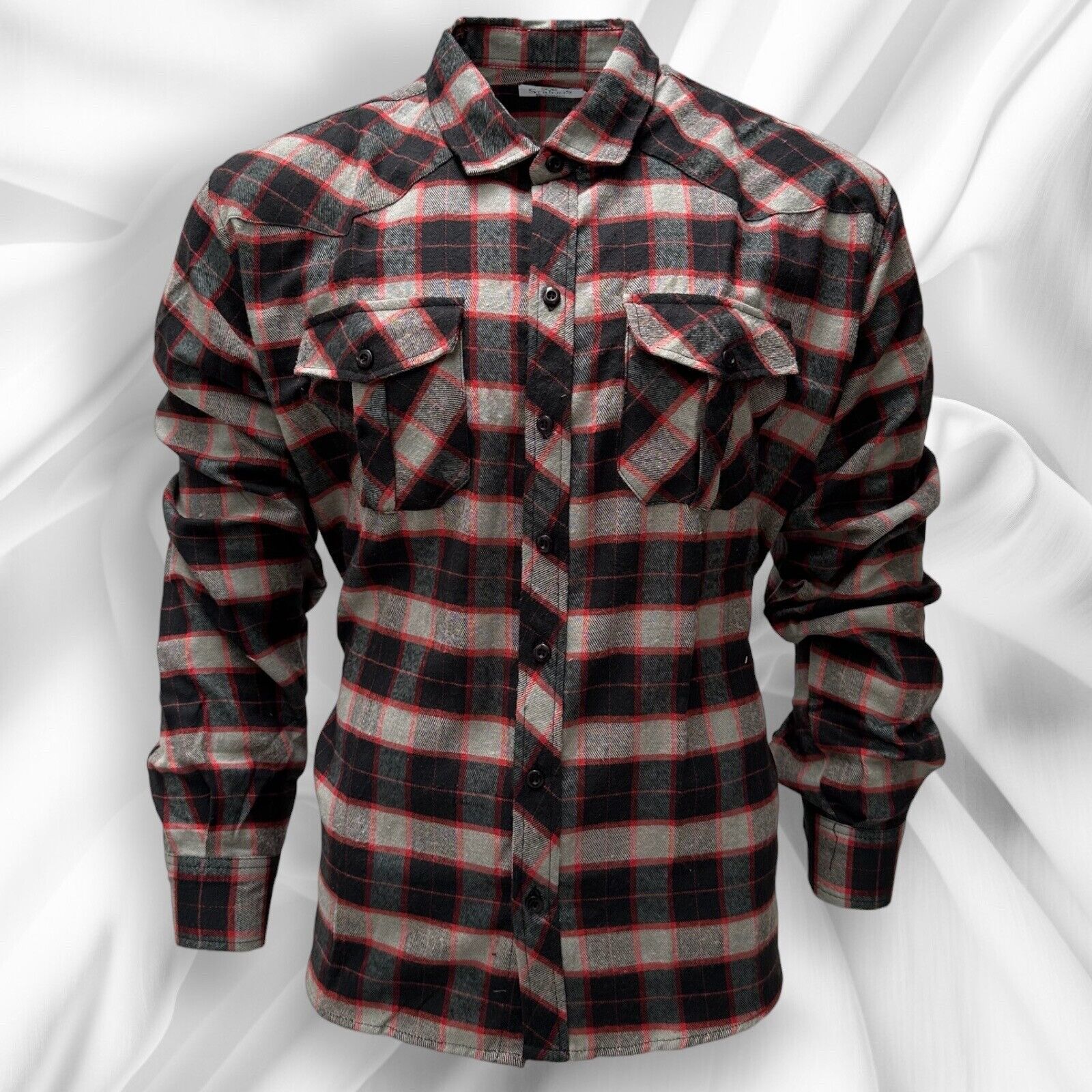 Mens Flannel Cotton Shirt Heavy Plaid RED/GREY Check Long Sleeve Casual Work.... - Image 10