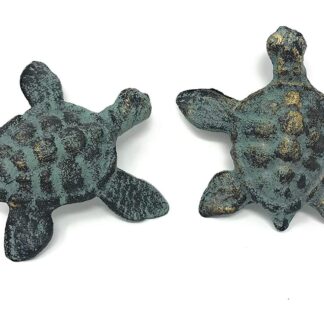 Set of patina green & gold turtle garden figures - cast iron statue for patio planter or pot accent