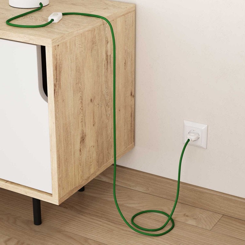 Green round electric cable, covered by cotton solid fabric, color white, textile lamp wire. - Image 3