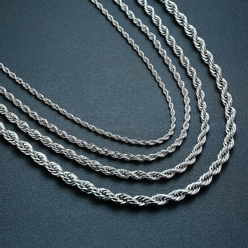 Stainless steel rope silver chain 16"-30" necklace men women 2/2.5/3/4/5/7/9/mm
