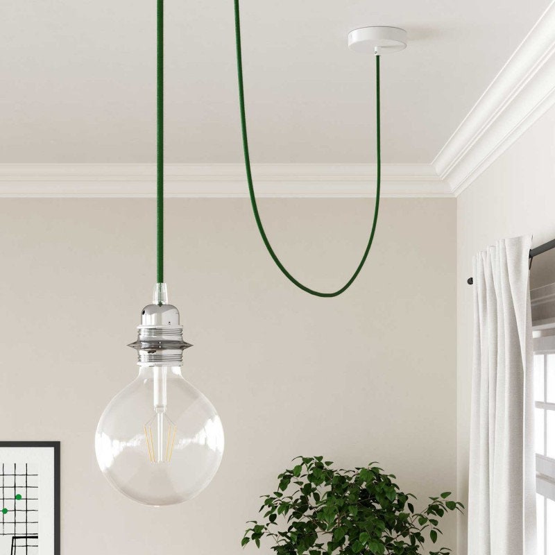 Green round electric cable, covered by cotton solid fabric, color white, textile lamp wire. - Image 4