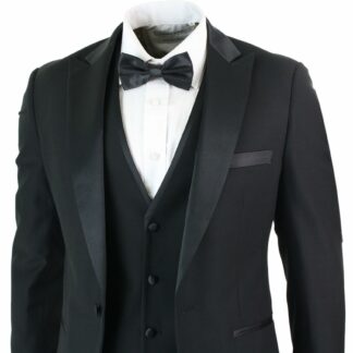 Mens 3 Piece Black Classic Satin Tuxedo Dinner Suit Tailored Fit Wedding Prom