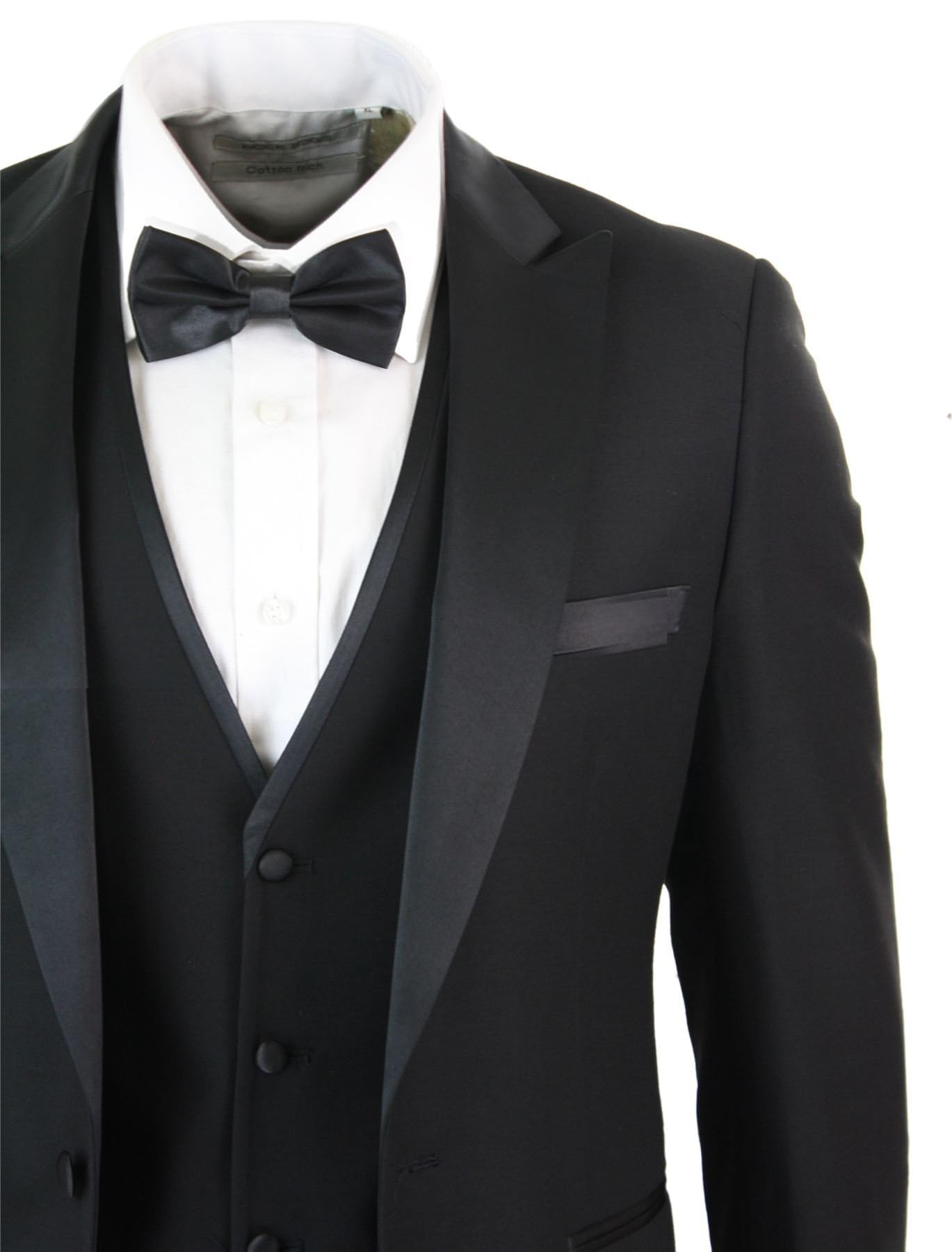 Mens 3 Piece Black Classic Satin Tuxedo Dinner Suit Tailored Fit Wedding Prom - Image 3