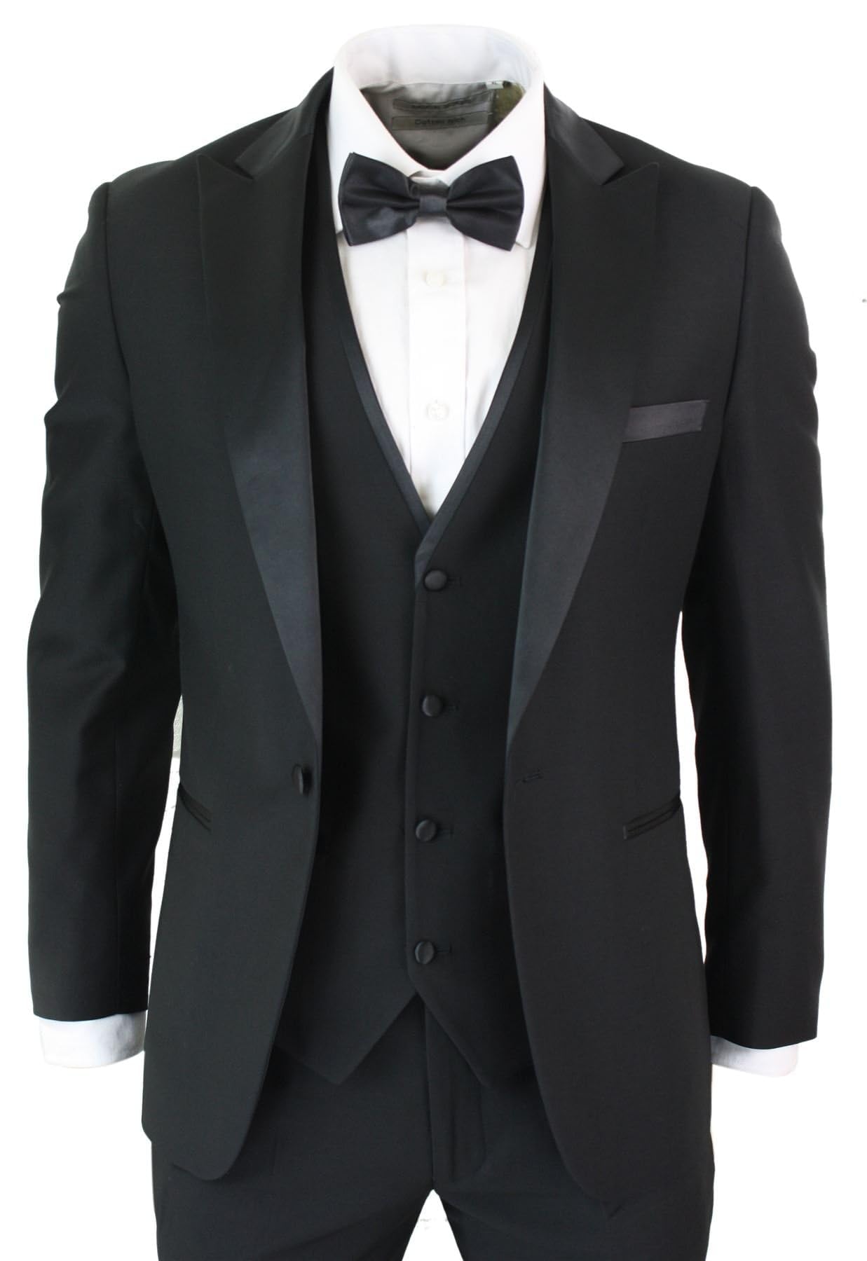 Mens 3 Piece Black Classic Satin Tuxedo Dinner Suit Tailored Fit Wedding Prom - Image 5
