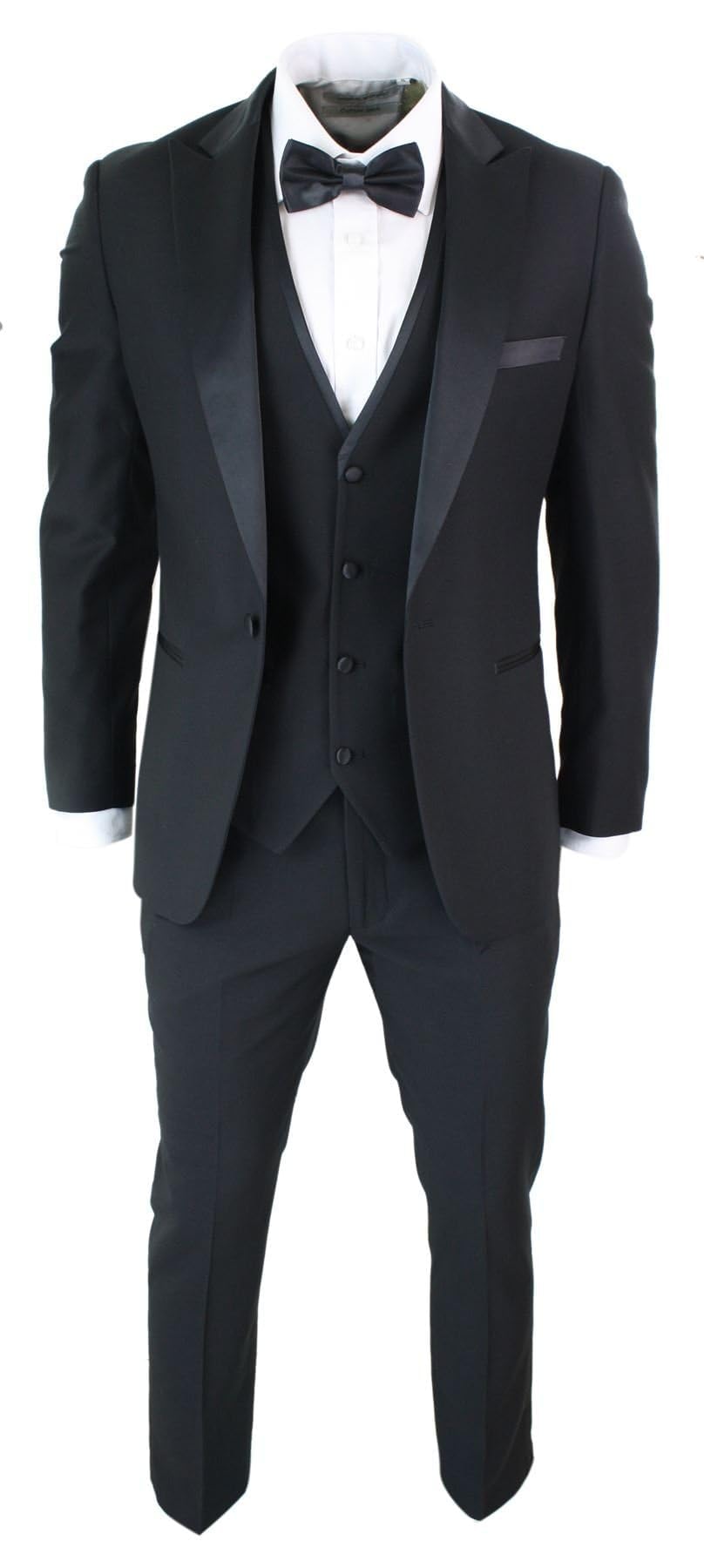 Mens 3 Piece Black Classic Satin Tuxedo Dinner Suit Tailored Fit Wedding Prom - Image 7