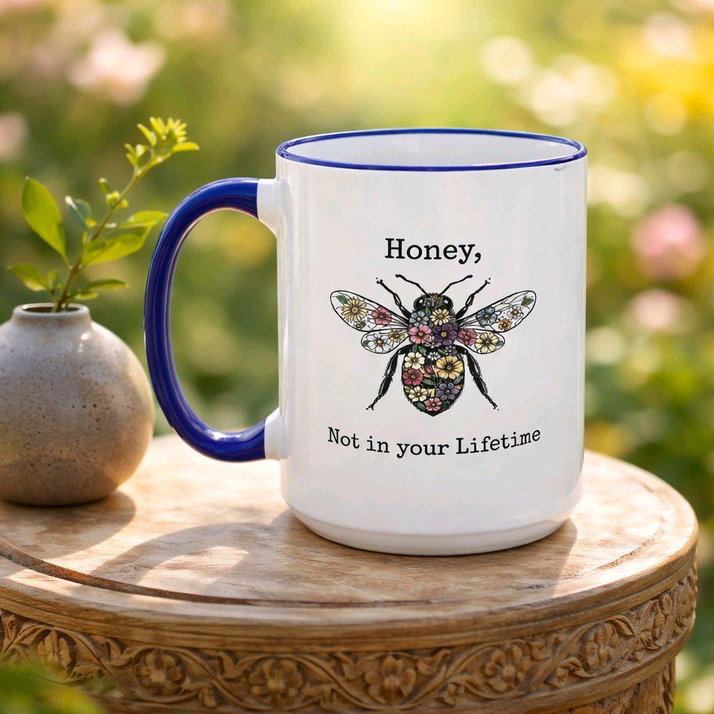 Floral Bee Illustration Mug | Accent Rim & Handle - Image 2
